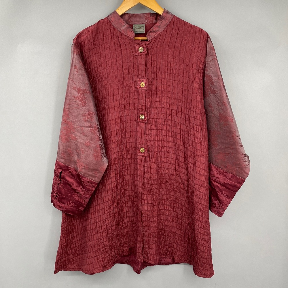 Exotic Silk Tunic Top Women XL Indonesia Burgundy Floral Jacquard Lagenlook Boho